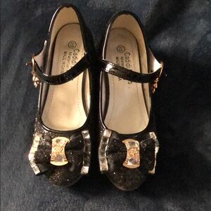 Black and Gold Dress Shoes Party Heel Mary Jane’s with Glam Bow